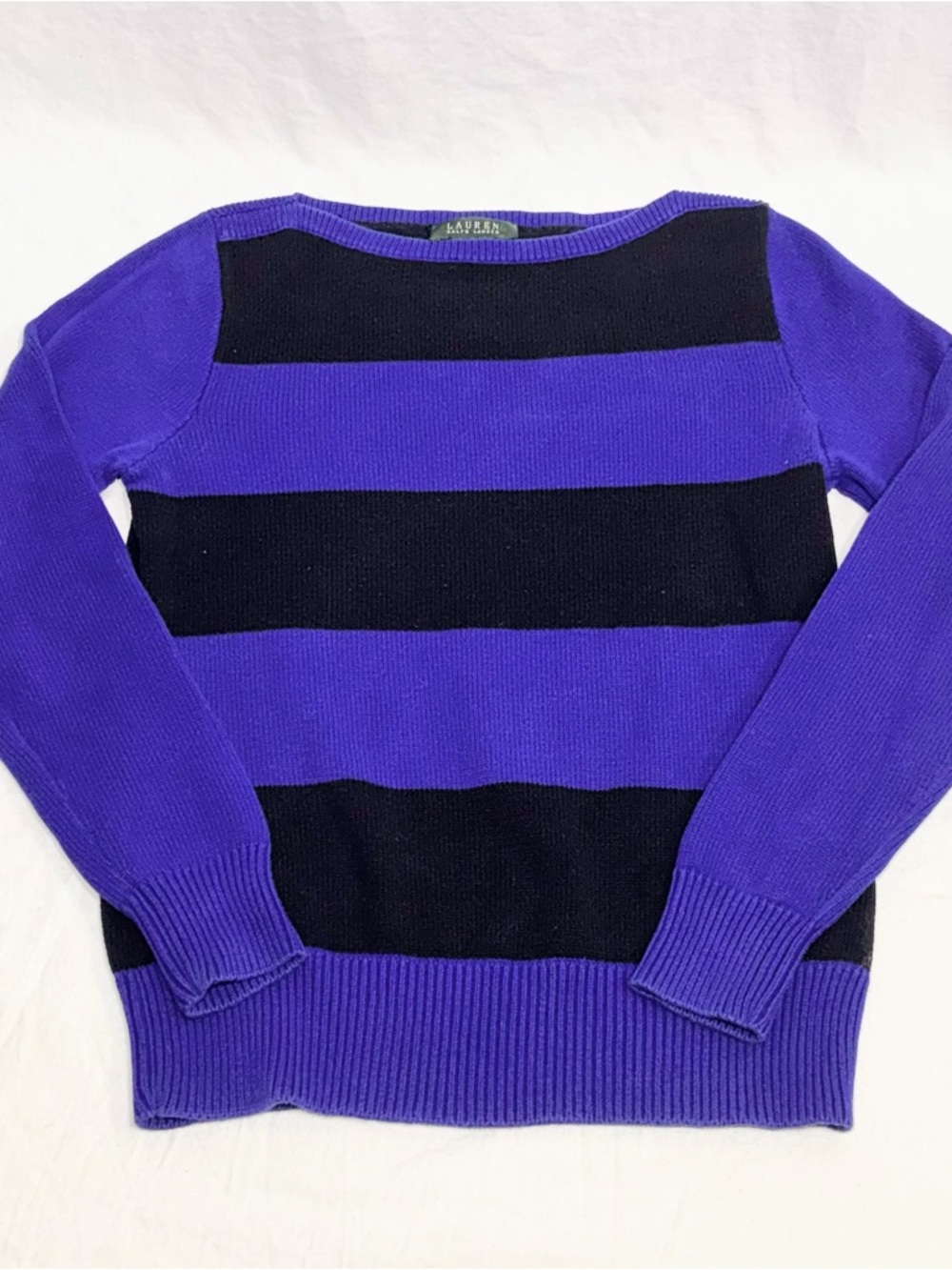 Lauren Ralph Lauren Woman’s Cotton Black Blue Striped Cropped Sweater Size M